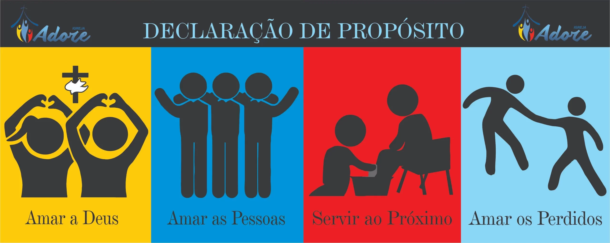 Declaração de propósito da Igreja Adore: amar a Deus, amar as pessoas, servir ao próximo e amar os perdidos