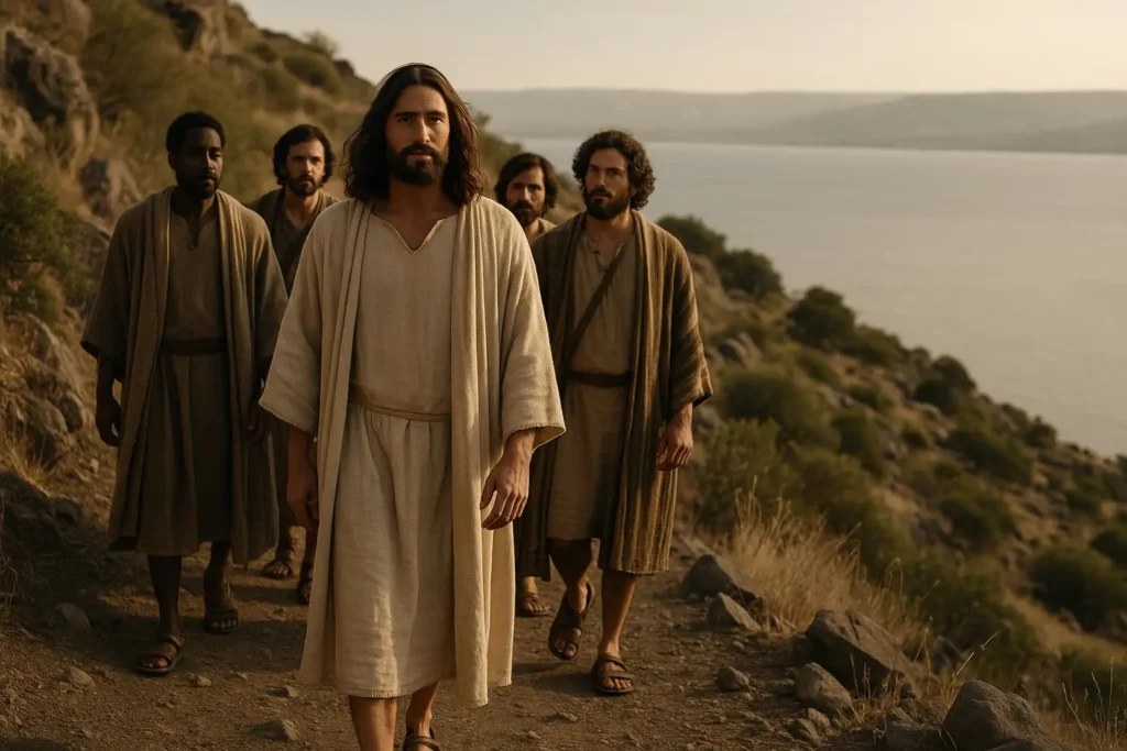 Jesus caminhando com discípulos em uma trilha à beira-mar, ilustrando o discipulado bíblico